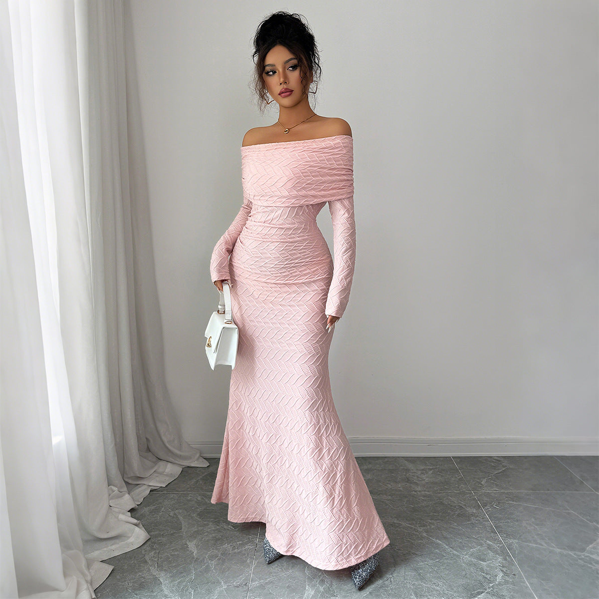 Off-Shoulder Long Sleeve A-Line Dress