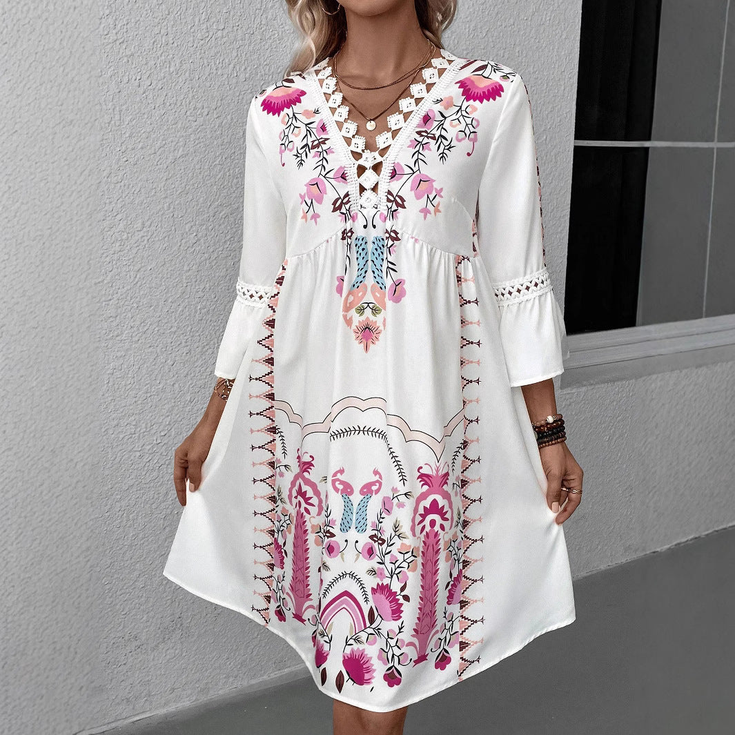 Women's Floral Print V-Neck Lace Dress