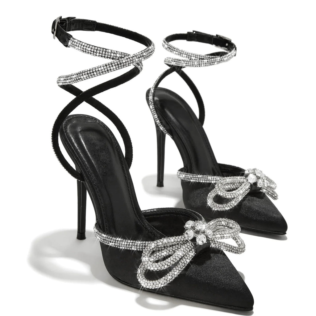 Pointed Rhinestone Bow Strap High Heel Shoes