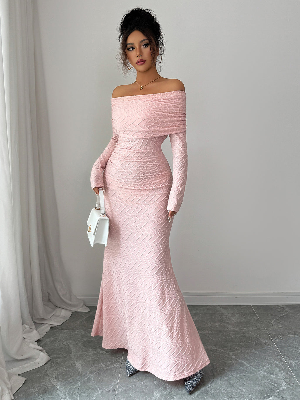 Off-Shoulder Long Sleeve A-Line Dress