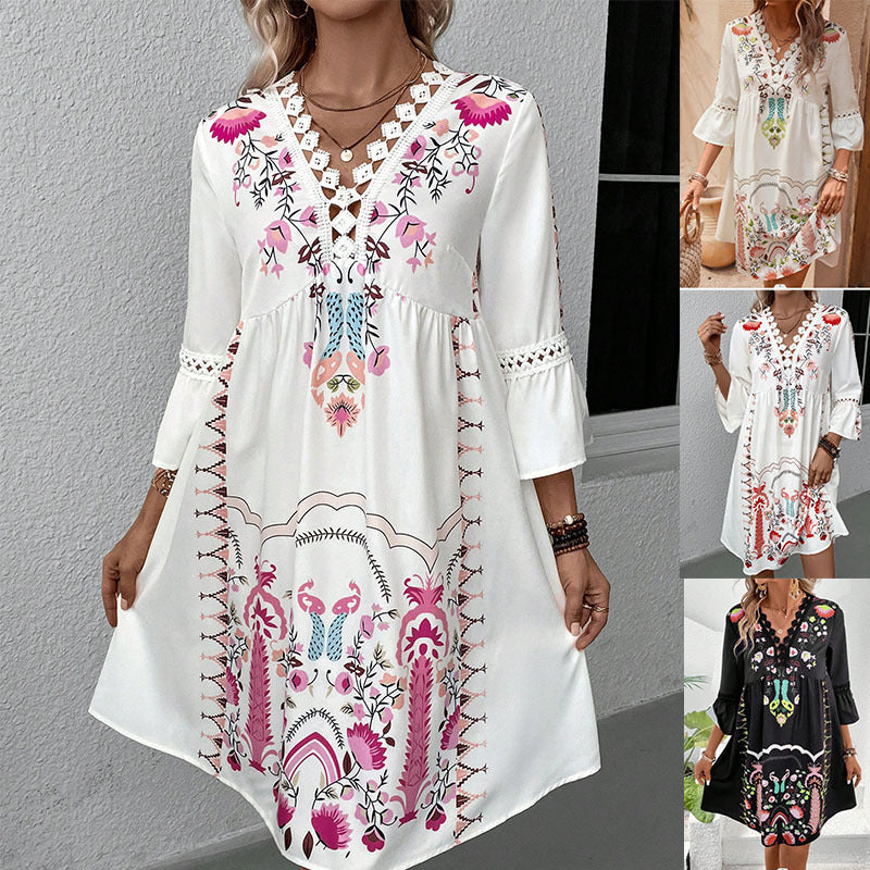 Women's Floral Print V-Neck Lace Dress