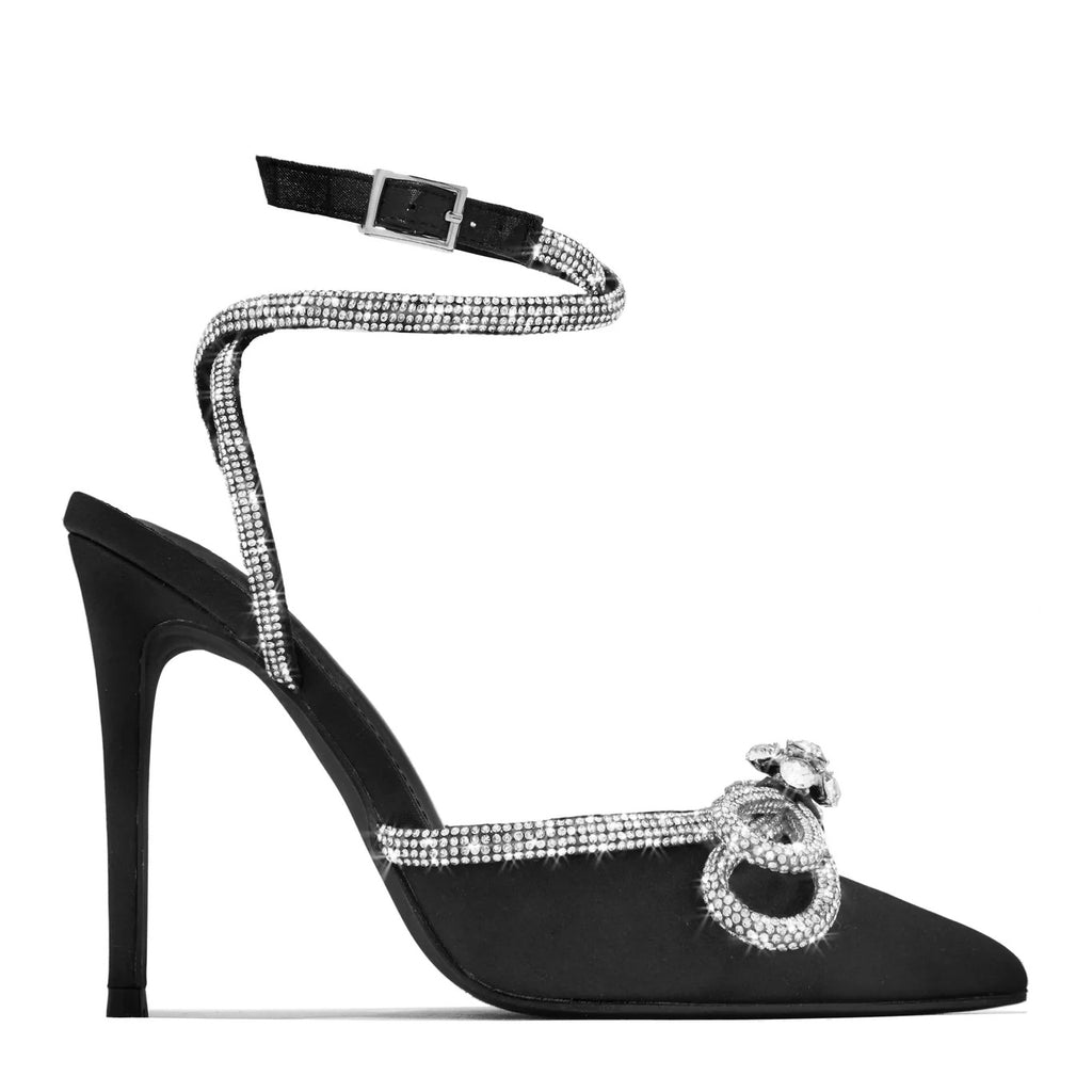 Pointed Rhinestone Bow Strap High Heel Shoes