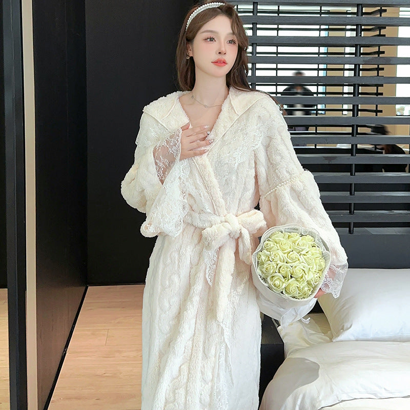 Hooded Flannel Bathrobe with Lace Trim