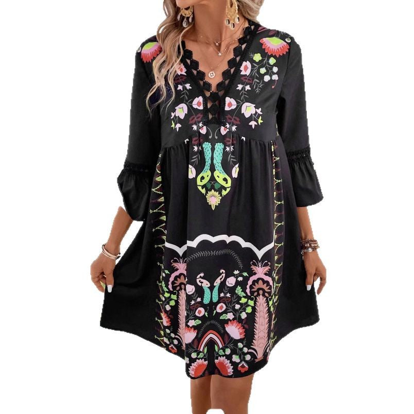 Women's Floral Print V-Neck Lace Dress