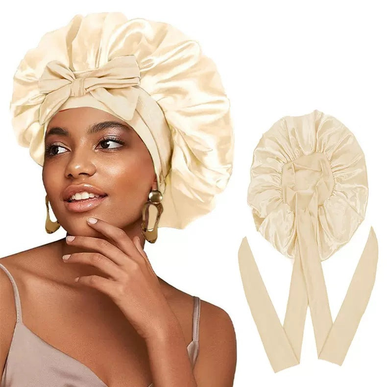 Pure Color Synthetic Silk Nightcap With Ribbons