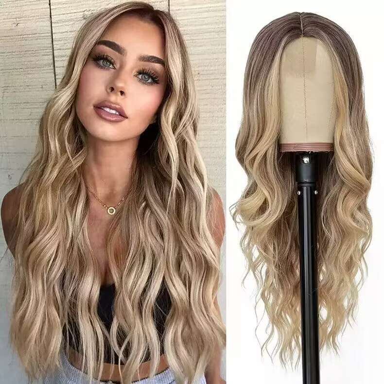 Long Wavy Middle Part Synthetic Wig with Adjustable Elastic Band