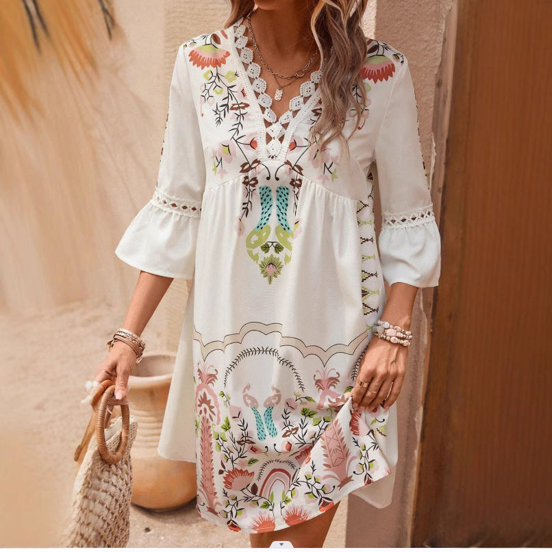 Women's Floral Print V-Neck Lace Dress